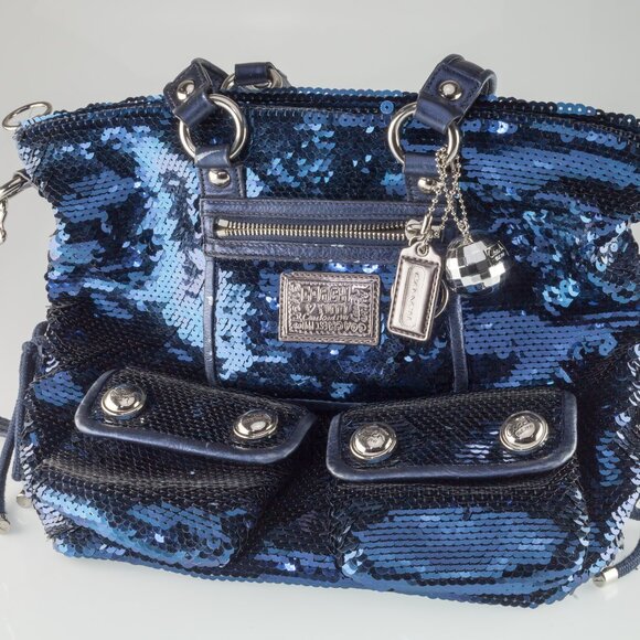 Coach Poppy Blue Sequin Spotlight Purse w/ Disco Ball Bag Charm XL - Picture 1 of 9